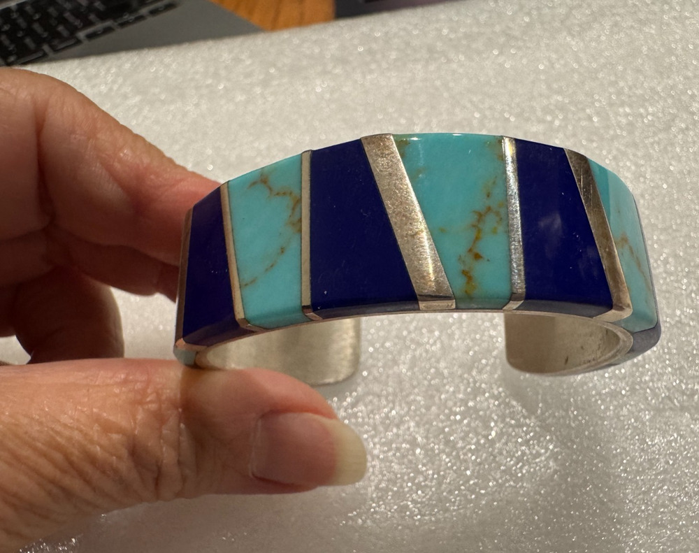 Sterling Silver Cuff Bracelet Turquoise Blue Lapis Lazuli Inlay Southwestern